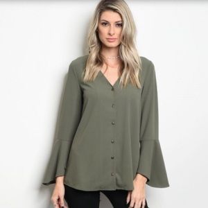 Button Up Flowing Long Bell Sleeved Top NWT